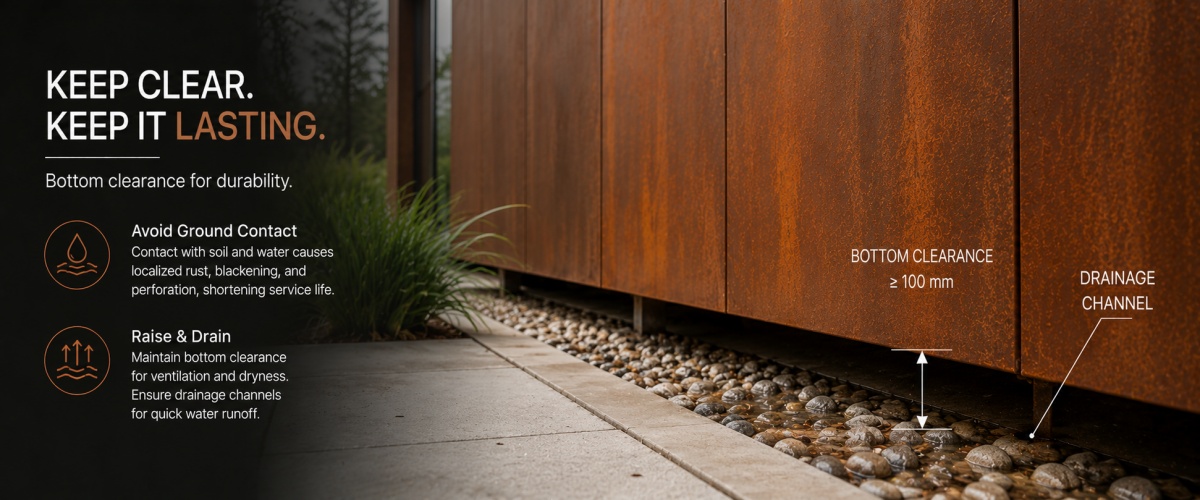 Corten Steel Siding Comes Into Contact With Water and Soil at the Bottom